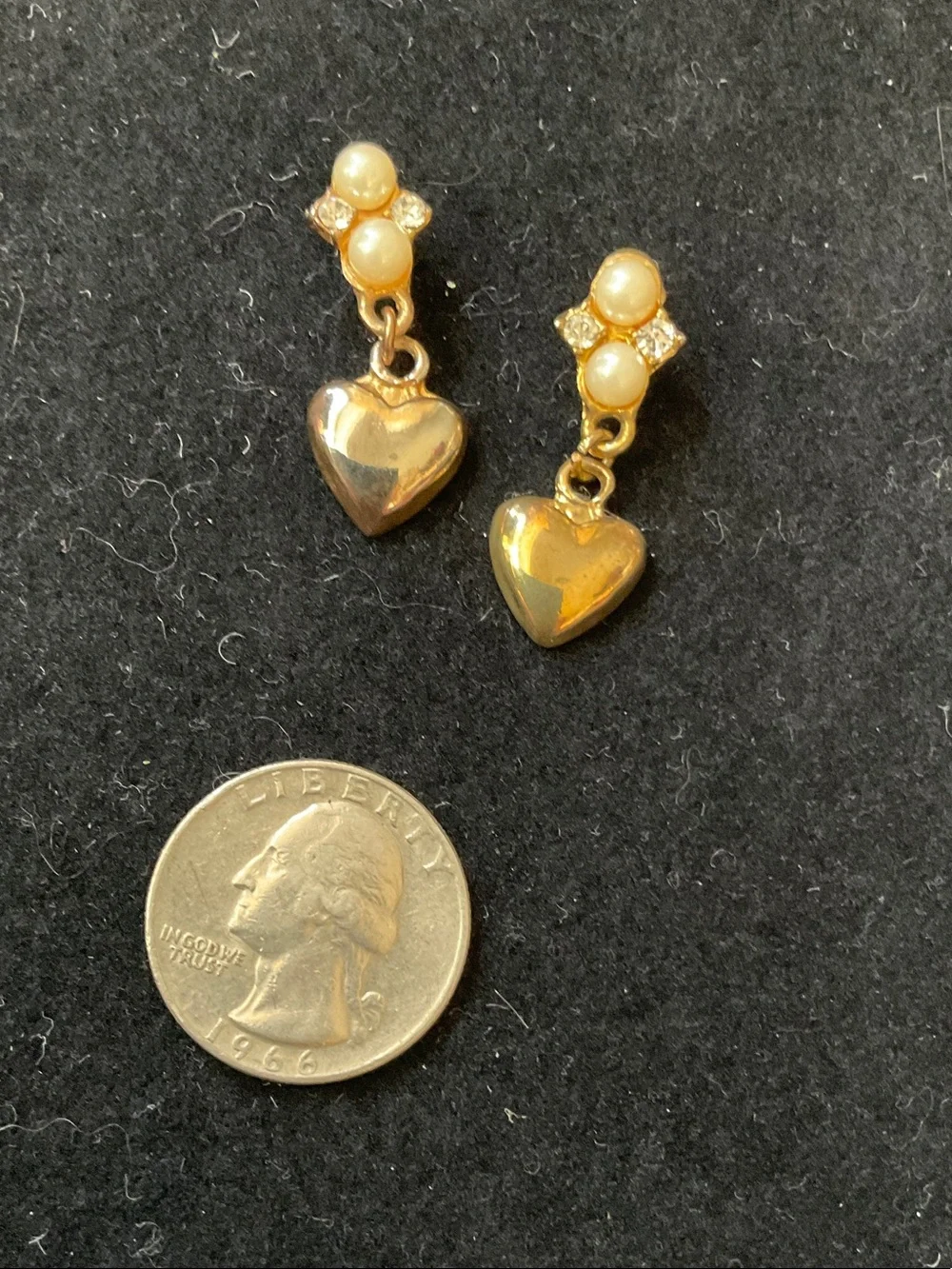 Vintage Gold Heart Drop Earrings with Pearl Accents